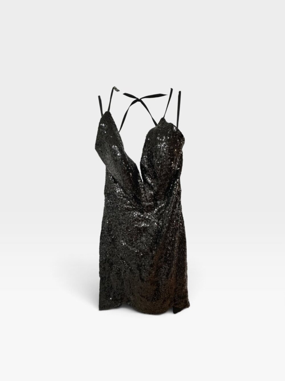 La Femme Black Sequin Mini Cocktail Dress Size 6 Deep V Open Back NWT